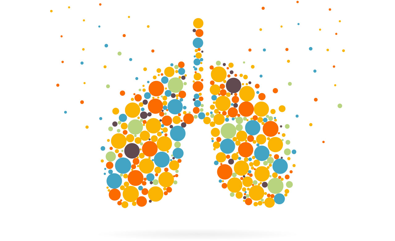 An illustration of a set of lungs made up of a multitude of dots in bright colors of varying sizes