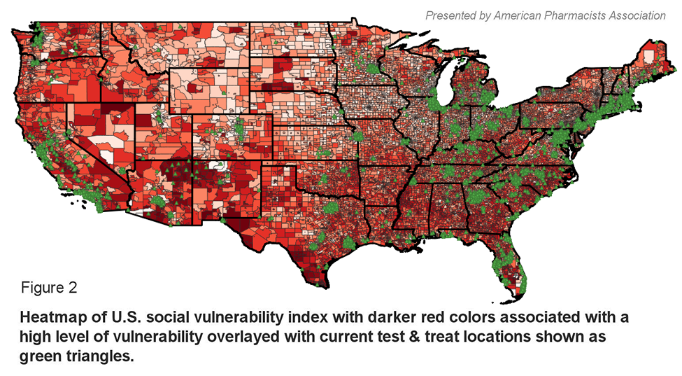 Figure 2: Heatmap of U.S. social vulnerability index with darker red colors associated with a high level of vulnerability overlayed with current test & treat locations shown as green triangles.