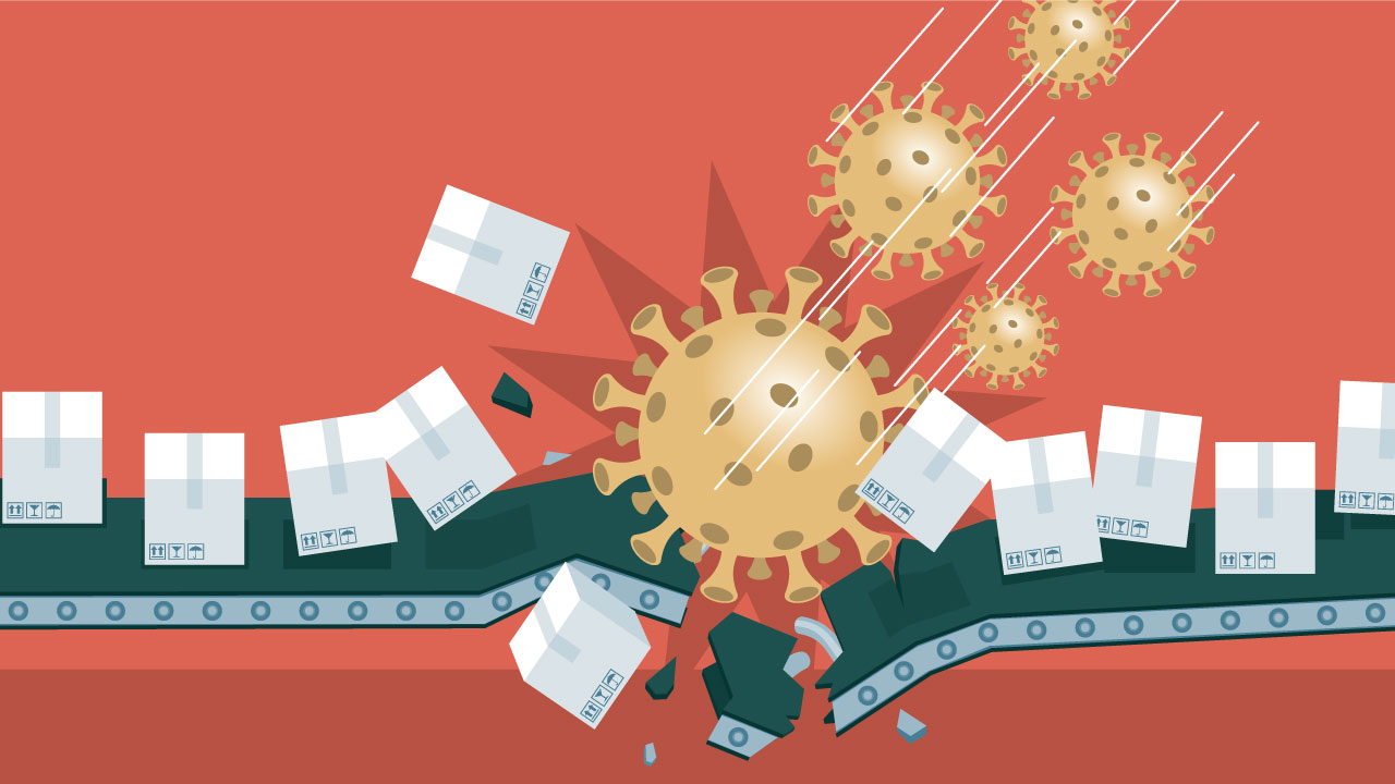 An illustration showing a group of five COVID-19 virus particles destroying a conveyor belt of shipping boxes like a meteor impact. 