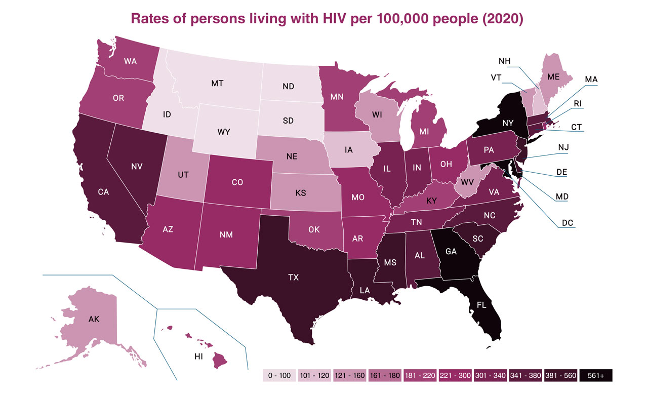 Infographic detailing the rates of persons in the United States living with HIV per 100,000 people (2020)