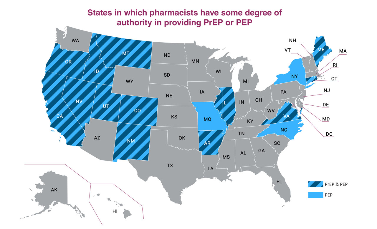 Infographic detailing the states of the United States in which pharmacists have some degree of authority in providing PrEP or PEP