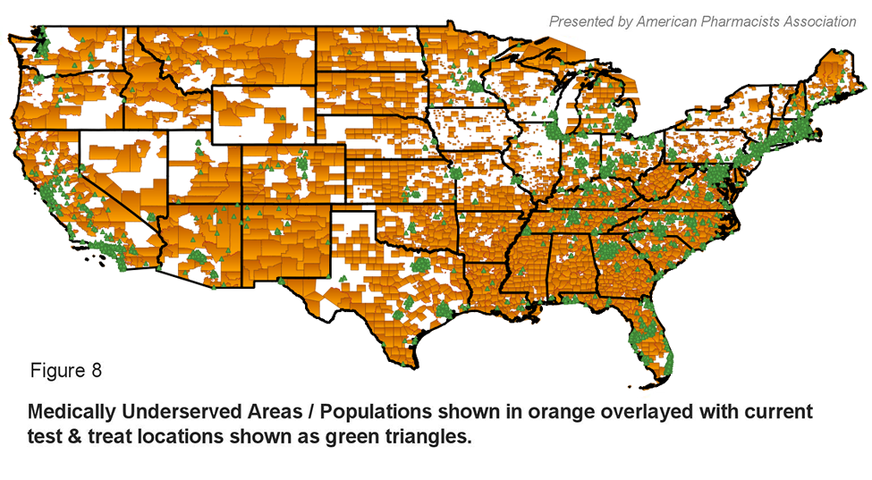 Figure 8: Medically Underserved Areas / Populations shown in orange overlayed with current test & treat locations shown as green triangles.