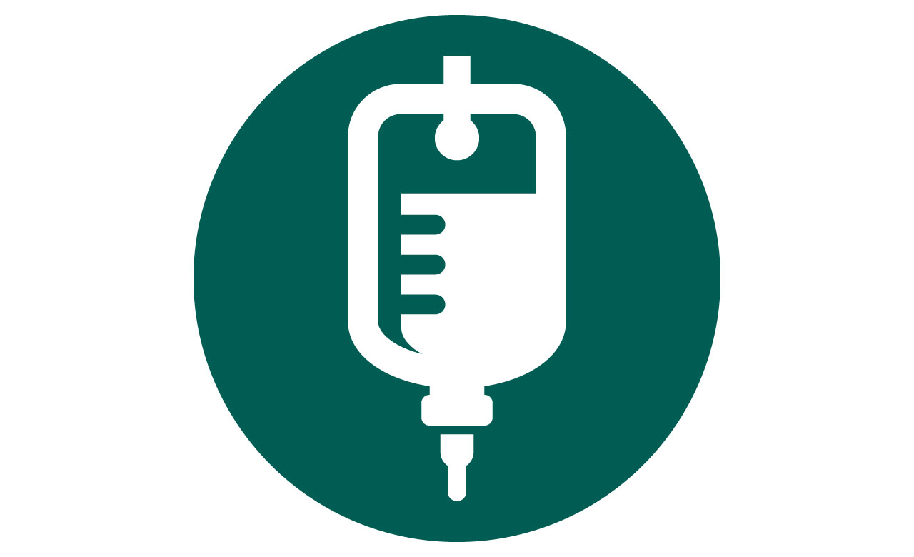 A graphic illustration of an IV bag over a green circle background